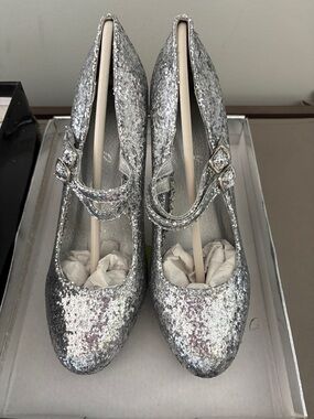 Elle Silver Glitter Mary Jane 4” Heels with Double Buckle